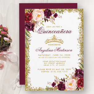 Quinceanera Burgundy Floral Gold Crown Einladung B