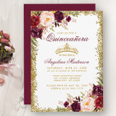 Quinceanera Burgundy Floral Gold Crown Einladung B