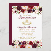 Quinceanera Burgundy Floral Gold Crown Foto Einladung (Vorne/Hinten)