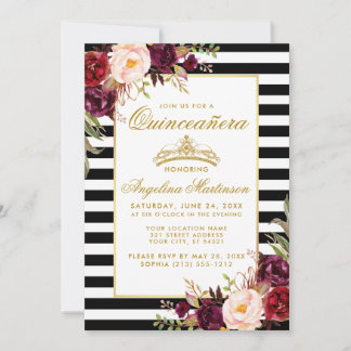 Quinceanera Burgundy Floral Gold Crown Strick Einladung