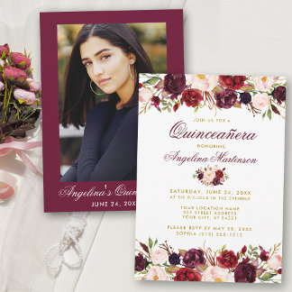 Quinceanera Burgundy Floral Gold Foto Einladung