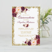 Quinceanera Burgundy Floral Gold Glitzer Einladung (Stehend Vorderseite)