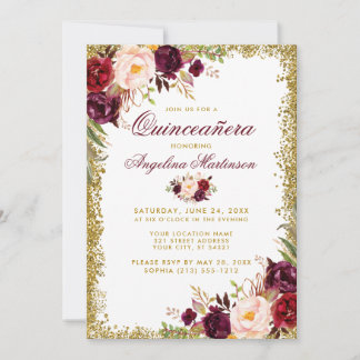 Quinceanera Burgundy Floral Gold Glitzer Einladung