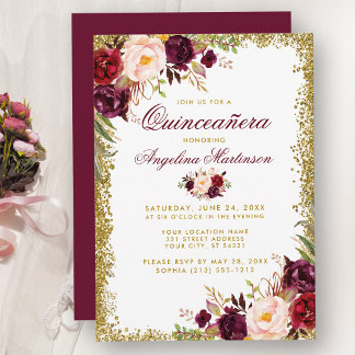 Quinceanera Burgundy Floral Gold Glitzer Einladung