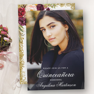 Quinceanera Burgundy Floral Gold Glitzer Foto Einladung