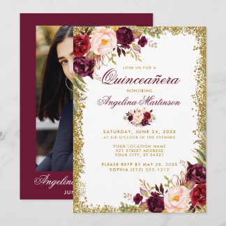 Quinceanera Burgundy Floral Gold Glitzer Foto Einladung