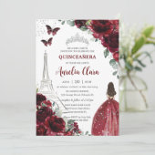 Quinceañera Burgundy Floral Paris Eiffel Princess Einladung (Stehend Vorderseite)