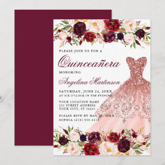 Quinceanera Burgundy Floral Pink Glitzer Dress Einladung