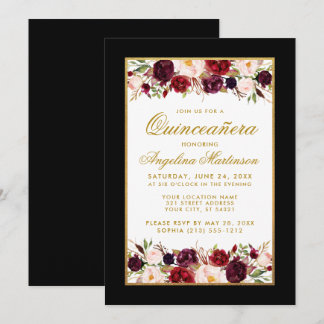 Quinceanera Burgundy Floral Schwarz-weiß Gold Einladung