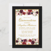 Quinceanera Burgundy Floral Schwarz-weißes Gold Fo Einladung (Vorderseite)