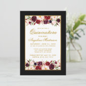 Quinceanera Burgundy Floral Schwarz-weißes Gold Fo Einladung (Stehend Vorderseite)