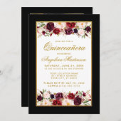 Quinceanera Burgundy Floral Schwarz-weißes Gold Fo Einladung (Vorne/Hinten)