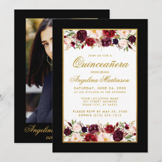 Quinceanera Burgundy Floral Schwarz-weißes Gold Fo Einladung