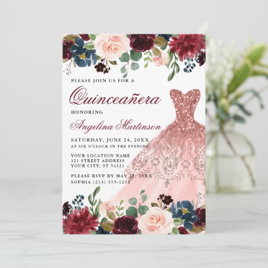 Quinceanera Burgundy Foto Rosa Kleid Einladung (Stehend Vorderseite)