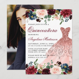Quinceanera Burgundy Foto Rosa Kleid Einladung