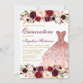 Quinceanera Burgundy Glitzer Dress Gold Einladung (Vorderseite)
