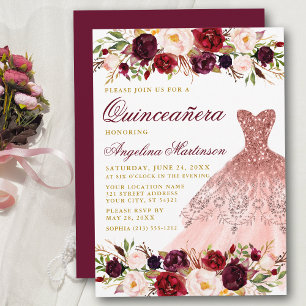 Quinceanera Burgundy Glitzer Dress Gold Einladung