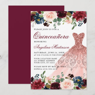 Quinceanera Burgundy Glitzer Rosa Kleid Einladung