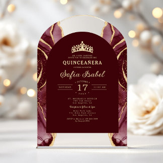 Quinceañera Burgundy Gold Agate Elegant Acryleinladungen