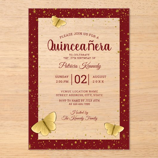 Quinceañera Burgundy&Gold Butterflies 15 Geburtsta Acryleinladungen (Vorderseite)
