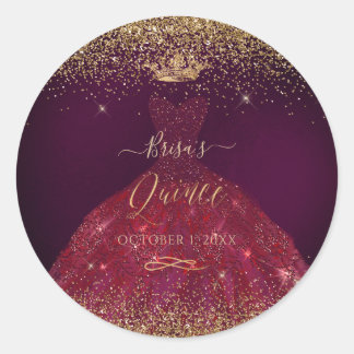 Quinceanera Burgundy Gold Glitzer Princess Crown Runder Aufkleber