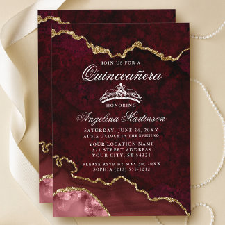 Quinceanera Burgundy Gold Marble Agate Geode Einladung