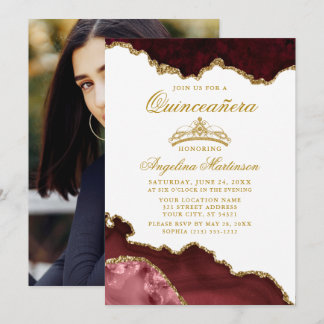 Quinceanera Burgundy Gold Marmor Kronen Foto Einladung