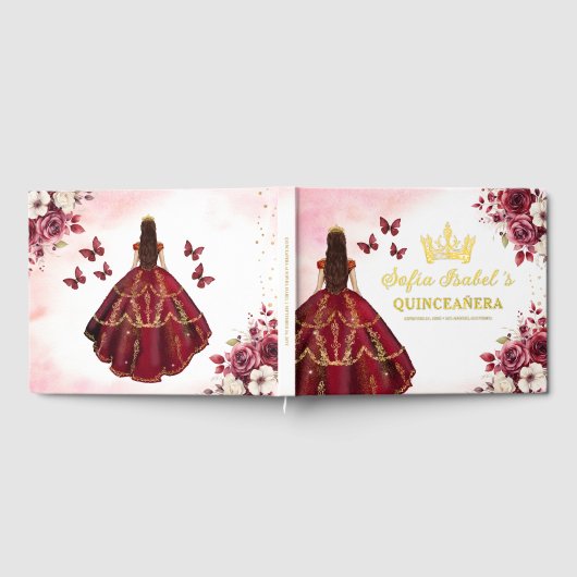Quinceañera Burgundy Gold Princess Floral Gästebuch (Voll)