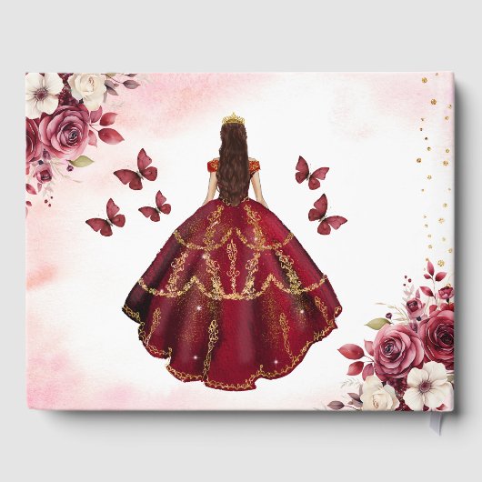 Quinceañera Burgundy Gold Princess Floral Gästebuch (Rückseite)