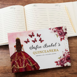 Quinceañera Burgundy Gold Princess Floral Gästebuch