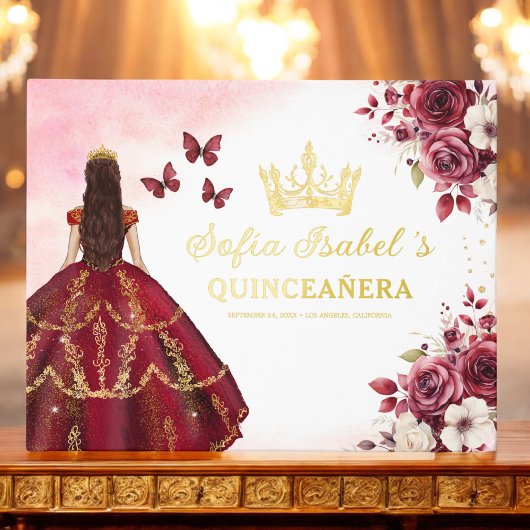 Quinceañera Burgundy Gold Princess Floral Gästebuch