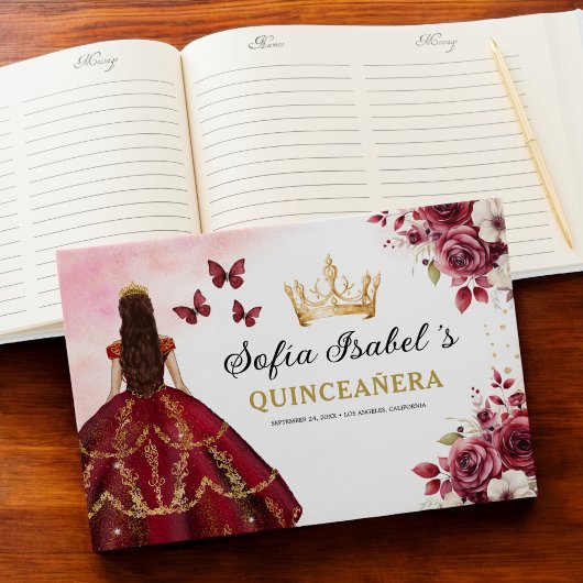 Quinceañera Burgundy Gold Princess Floral Gästebuch