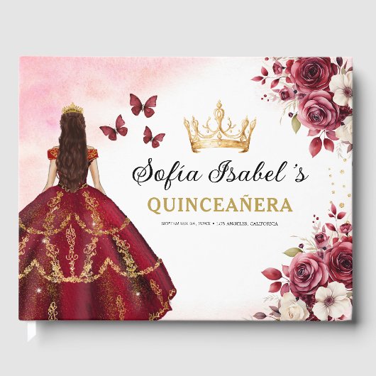 Quinceañera Burgundy Gold Princess Floral Gästebuch (Vorderseite)