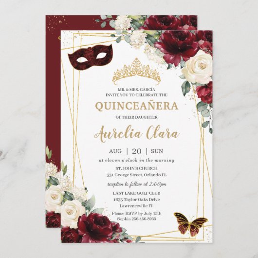 Quinceañera Burgundy Ivory Floral Butterfells Mask Einladung (Vorne/Hinten)