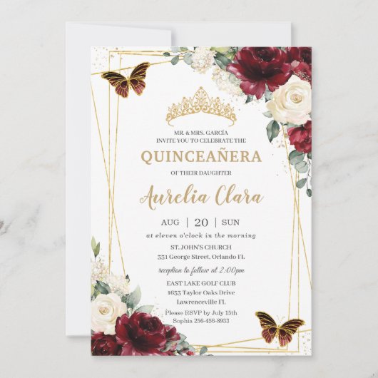 Quinceañera Burgundy Ivory White Floral Butterfly Einladung (Vorderseite)