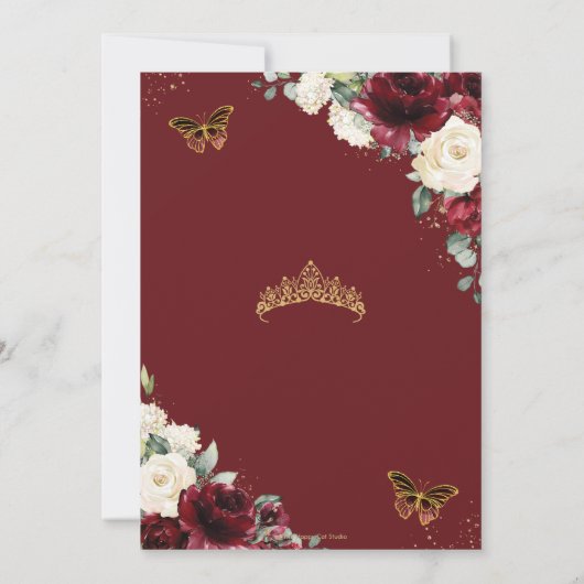 Quinceañera Burgundy Ivory White Floral Butterfly Einladung (Rückseite)