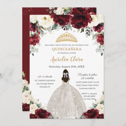 Quinceañera Burgundy Ivory White Floral Princess Einladung (Vorne/Hinten)