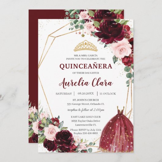 Quinceañera Burgundy Pink Rose Ball Gown Einladung (Vorne/Hinten)