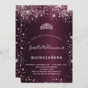Quinceanera burgundy pink tiara Glitzer Einladung