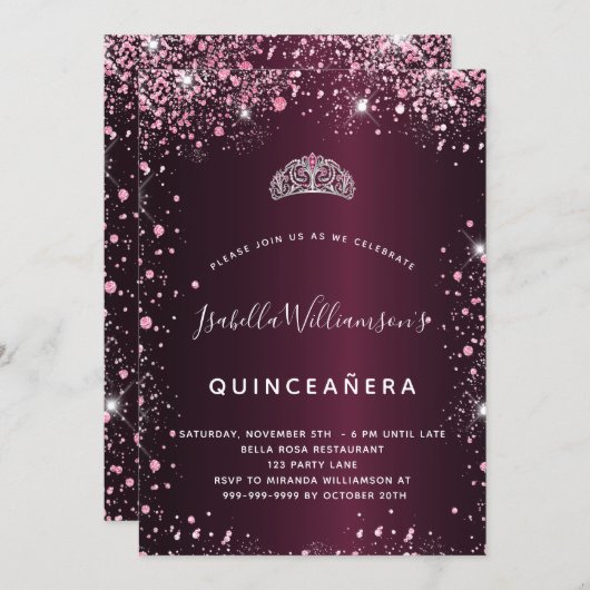 Quinceanera burgundy pink tiara Glitzer Einladung (Vorne/Hinten)