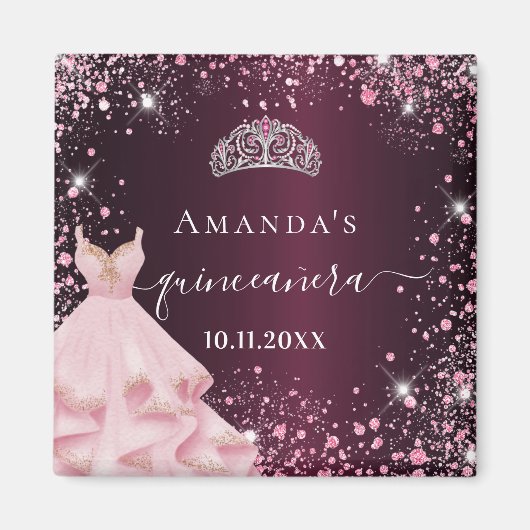 Quinceanera burgundy pink tiara Kleid Glitzer Magnet (Vorne)