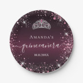Quinceanera burgundy Pink Tiara Namenskript Pappteller (Vorderseite)