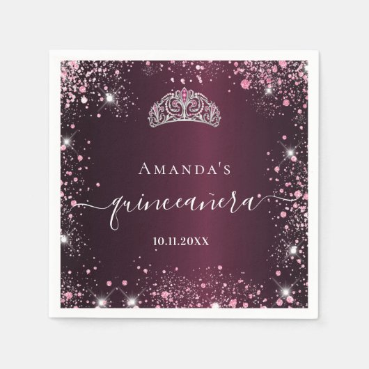 Quinceanera burgundy Pink Tiara Namenskript Serviette (Vorderseite)