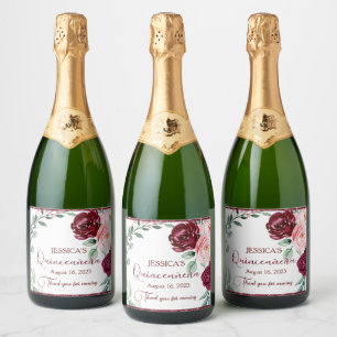 Quinceanera Burgundy Red Floral Champagne Label Schaumweinetikett