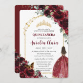 Quinceañera Burgundy Red Floral Gold Princess Arch Einladung (Vorne/Hinten)