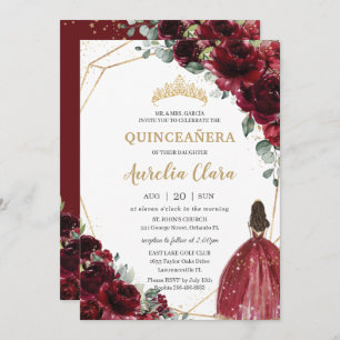 Quinceañera Burgundy Red Floral Gold Prinzessin Einladung
