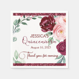 Quinceanera Burgundy Red Floral Paper Napkin Serviette