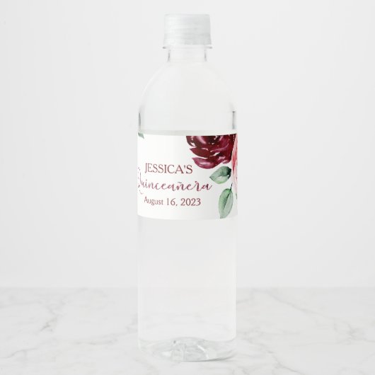 Quinceanera Burgundy Red Glitzer Water Label Wasserflaschenetikett (Vorderseite)