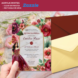 Quinceañera Burgundy Red Gold Quince Dress Blume Acryleinladungen