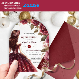 Quinceañera Burgundy Red Gold Quince Dress Blume Acryleinladungen